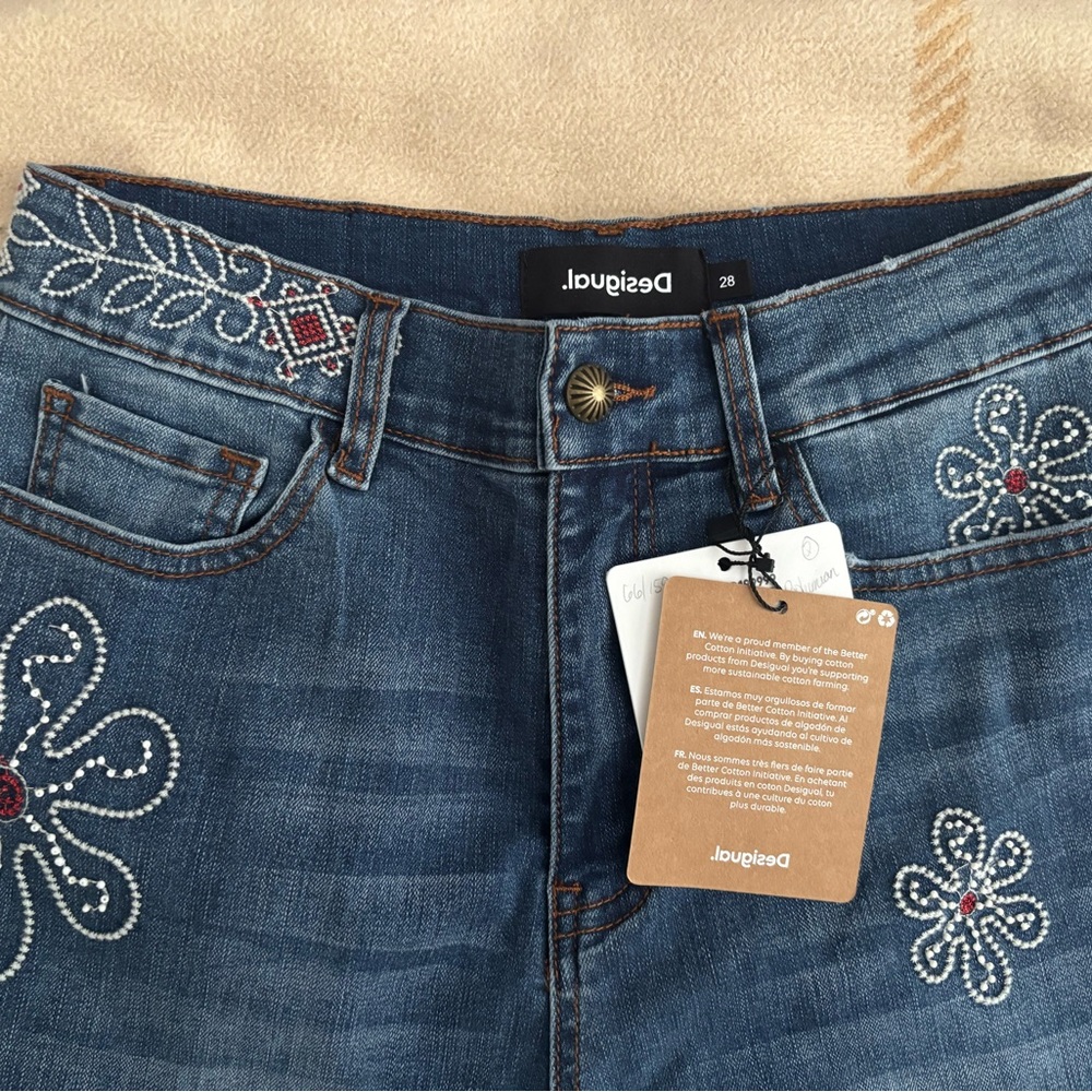 Desigual High Rise Embroidered Jeans - Blue and White